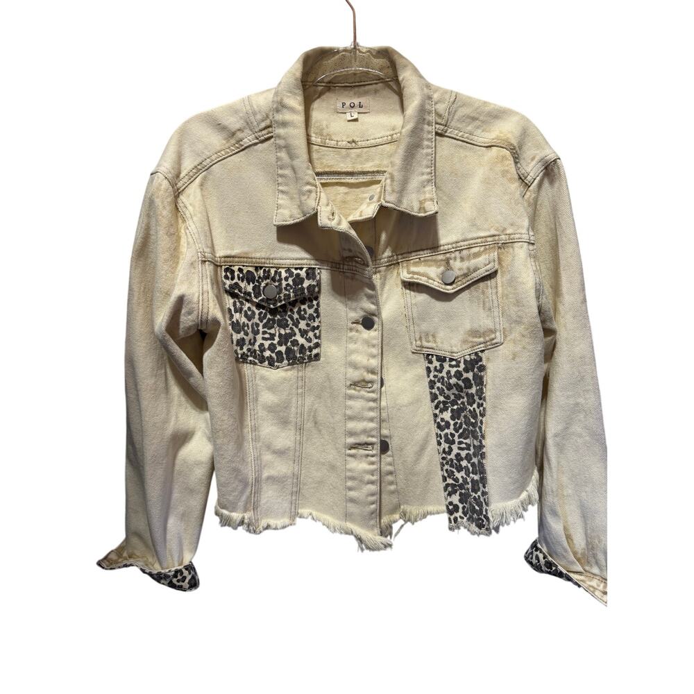 POL Cream Cropped Denim Jacket W/Leopard Print Accents Distressed Raw Hem Size L